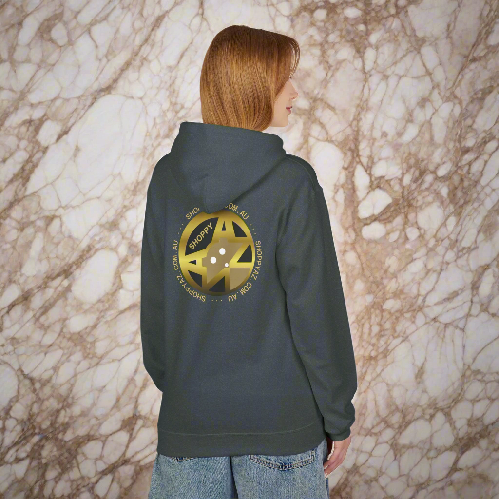 Person wearing a hoodie with a gold ShoppyAz emblem on the back against a marble wall.